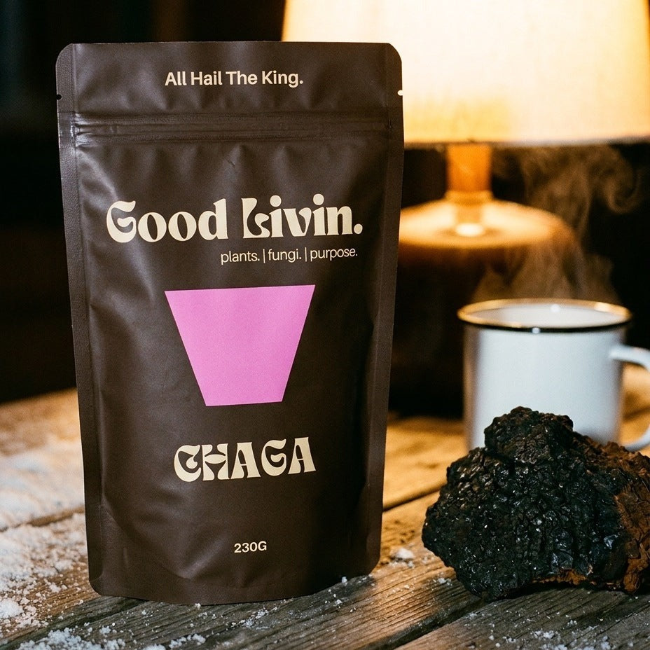 A 230g bag of Good Livin chaga powder