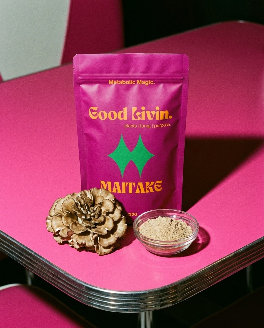 A 230g bag of Good Livin maitake powder
